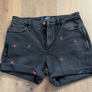 Hollister Black Denim Shorts with Red Rose Embroidery